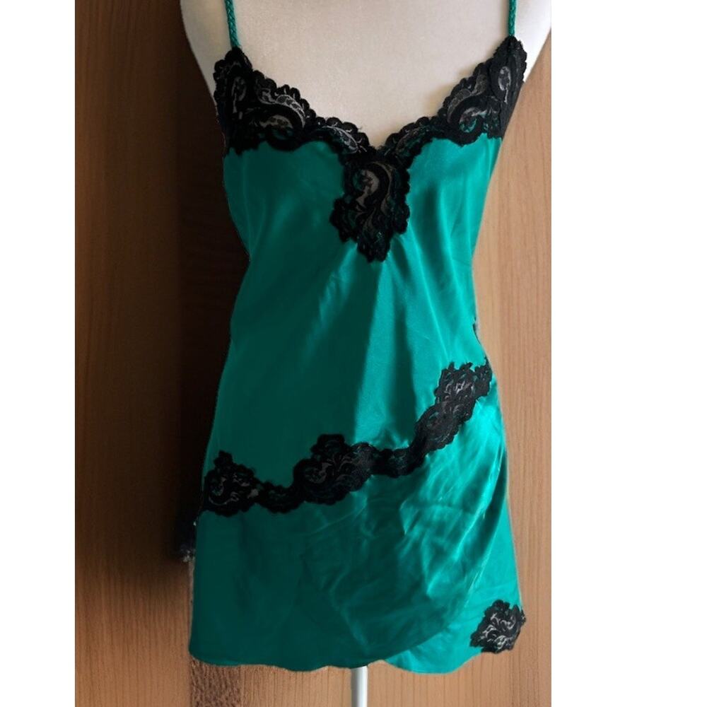 VTG VICTORIA’S SECRET Green Lingerie Babydoll Gold Label Blk Lace Satin Dress L